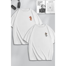 Unisex Kadın Erkek Tom Ve Jerry Aşık Baskılı Sevgili Çift Kombini Tasarım Oversize Tshirt 2'li Beyaz1 Mck0084 Beyaz