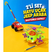 Hayu Uçak Helikopter Jeep Araba Baston Saplı Sopalı Itmeli Oyuncak 2'li Set