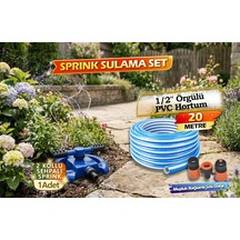 Tr Bahçe Sulama Seti 20m Örgülü Pvc Hortum, Dönerli Çift Sprinkler, Musluk Bağlantı Seti Dahil, Bahçe Çim