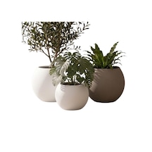 Zevli Japandi Tarzı Modern Küre Saksı 3'lü Set - Su Sızdırmaz Dekoratif Salon Ve Balkon Saksısı Hediyelik Çiçeklik Seti Mermer Beyazı Ve Sahara Kumu, 2 Büyük 1 Orta