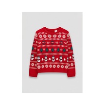 LC Waikiki Alıta Cıty Farkıyla Lcw Kids Kırmızı Triko Desenli Oval Yaka Kız Çocuk Kazak Kirmizi - 928021981 Kirmizi