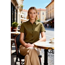 Benerly Kadın Bluz Crop Polo Yaka Kısa Kol Düğmeli Fitted Penye Süprem Ör Açık Haki
