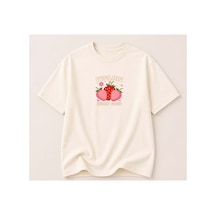 Herkesemoda Feelıng Baskı Detaylı Kadın Bisiklet Yaka Pamuklu T-shirt Krem