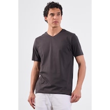 Antrasit V Yaka Pamuklu Düz Renk Slim Fit Erkek T-shirt Antrasit