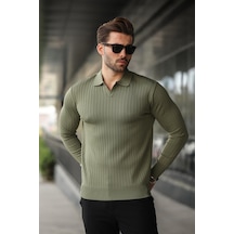 Madmext Haki Polo Yaka Çizgili Uzun Kollu Kazak 7239 Haki