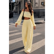 Madmext Sarı Madonna Yaka Bluz Bol Paça Pantolon Kadın Takım Mg2863