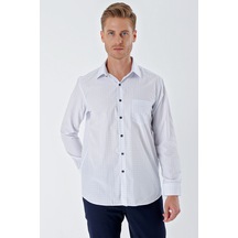 Beyaz Uzun Kollu Kareli Sert Yaka Cepli Pamuklu Klasik Comfort Fit Gömlek 1004230215-beyaz
