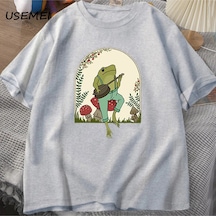 Flood Of Style Sevimli Cottagecore T-shirt Estetik Kurbağa Oynarken Banjo Mantar T Shirt Erkekler Yaz Pamuk Gri