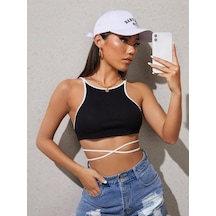 Liona Askılı Halter Yaka İpli Siyah Renk Fitilli Crop Top Bluz