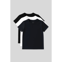 Standart Fit Basic O Yaka 3lü Paket Siyah-beyaz-lacivert Unisex Çocuk T-shirt - 11328 Lacivert - Beyaz