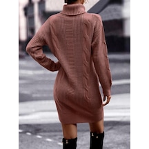 Aqe Fashion Saç Örgü & Selanik Örgü Desenli, Links Detay, Boğazlı, Uzun Kollu, Sırt Detay Desenli Tarçın Triko Elbise Tunik Tarçın
