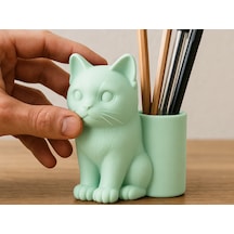 3d Baskı Kedi Figürlü Kalemlik - Masaüstü Organizer - Mint Çok Renkli