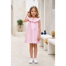 Modanino Kız Çocuk Yaka Fırfırlı Ve Fiyonklu Astarlı Elbise 3-8 Yaş 12676ıs Pembe