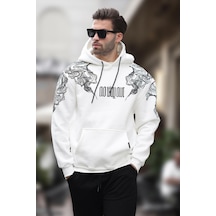 Madmext Ekru Kapüşonlu Cep Detaylı Baskılı Erkek Sweatshirt 7052-ekru Ekru
