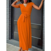 Kadın Kısa Kollu V Yakalı Belden Kuşaklı Maksi Boy Viskon Elbise Turuncu