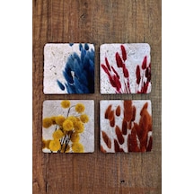 Doğal Taş Bardak Altlığı 4'lü Set - Renkli Bitkiler Baskılı - Stone Coasters Çok Renkli