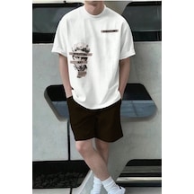 Art T-shirt Şort - Beyaz Kahve Alt Üst Takım Şort Tişört Kombin Baskılı Bisiklet Yaka Kahverengi