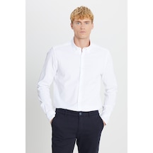 AC&Co / Altınyıldız Classics Erkek Beyaz Yumuşak Dokulu Pamuklu Slim Fit Dar Kesim Düğmeli Yaka Esnek Gömlek Beyaz