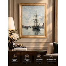 Gold Vintage Gemi Tablosu 60x80 Cm Çerçeveli Dekoratif Duvar Tablosu Klasik Deniz Manzarası Fine Art Salon Ofis Dekorasyonu