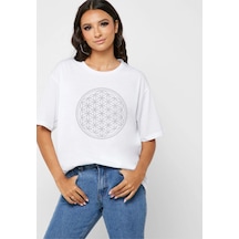 Yaşam Çiçeği Oversize Tişört Beyaz