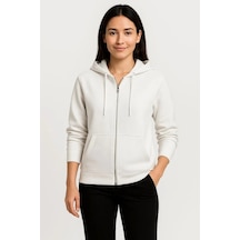 Üç İplik Kapüşonlu Tam Fermuarlı Kanguru Çepli Sweatshirt Hoodie - Beyaz