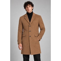 Maison Rae Erkek Vizon, Slim Fit Kaşe Kaban Klasik Yaka 3 Düğmeli Uzun Kesim Kışlık Palto