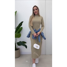 Dogutrend Kadın Uzun Kollu Balıkçı Yakalı Yanlardan Yırtmaçlı Kaşkorse Maxi Elbise Bej