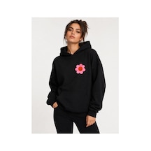Herkesemoda Emoji Çiçek Baskılı Kapüşonlu 2 İplik Şardonlu Sweatshirt Siyah