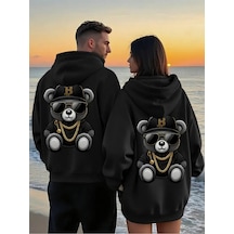 Nevermind Sevgili Kombini Oversize Hoodie Cool Ayıcık Baskılı 3 İplik Swe Siyah