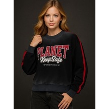 Kız Çocuk Planet Keep Safe Baskılı Oversize Tasarım Sweatshirt-16159 Siyah