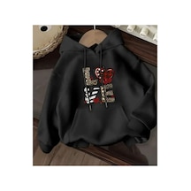 Herkesemoda Love Yazı Detaylı İçi Polarlı Kapüşonlu Sweatshirt Siyah