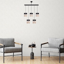 Riolight Retro,rustik,vintage 5xe27 Duylu Metal Gövde Camlı Sıralı Sarkıt Avize Uzunluk:60cm Bal - Siyah