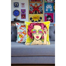 Kırlent Kılıfı 2'li Pop Art Ve Figür Desenli 45x45 Raşel Örme Kadife Çift Taraflı Dijital Baskı Beyaz Biyeli Çok Renkli