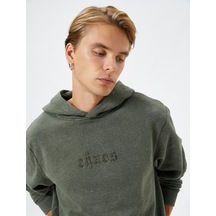 Koton Kapşonlu Sweatshirt Slogan İşlemeli Ribanalı Uzun Kollu Şardonlu Haki 4wam70274mk Haki