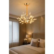 Modern Premium Yaprak Detaylı Gold Led Avize Salon Yemek Odası Dekoratif Sarkıt Avize 28w