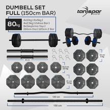 Tanspor 80 KG Dambıl Halter Full Kısa Bar + Z Bar + Düz Bar Seti Kırmızı Kapaklı