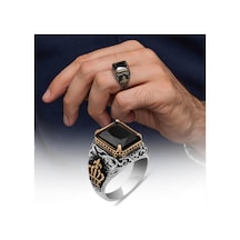 Siyah Taşlı Kral Tacı Motifli 925 Gümüş Yüzük Beyaz