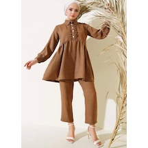 Lovie Moda Kadın Önü Fırfır Detaylı Takım Kahverengi