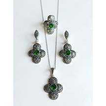 Gümüş Markazit Yeşil Taşlı Otantik Tasarım Kolye Küpe Yüzük Set