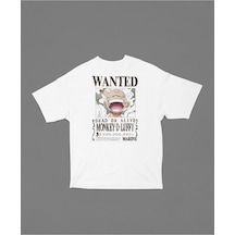 Monkey D Luffy Wanted Baskılı Unisex Tişört, Oversize Anime Tişör Beyaz