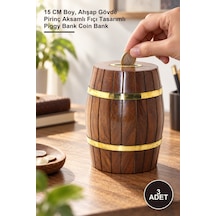3 Adet Pirinç Ahşap Fıçı Kumbara 15 Cm Boy, Ahşap Gövde Pirinç Aksamlı Fıçı Tasarımlı Piggy Bank Coin Bank