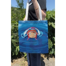 Zipzap Ponyo Miyazaki Ghibli V1 Yazlık Kışlık Çift Taraflı Kanvas Baskı Bez Çanta Anime Çantası