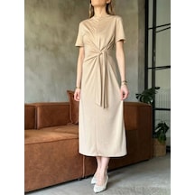 Defymoda Osy Modal Yumuşak Dokulu Kumaş Yandan Bağlamalı Elbise - Bej Bej