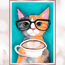 Kahve Keyfi Yapan Kedi - Sevimli Modern Art Pvc Tablo