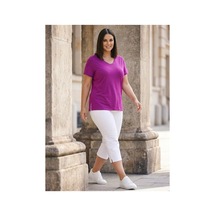 Hanezza Kadın Büyük Beden V Yaka Yanı Yırtmaçlı Pamuklu Viskon T- Shirt Serifikalı Kumaş Fuşya - 30798238 Fuşya