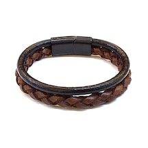 Classic Braid Duo Kahverengi Örgü & Siyah Bant Detaylı Erkek Deri Bileklik-1415 Antrasit