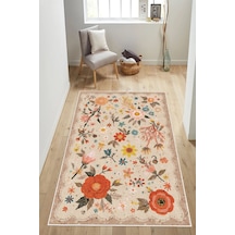 Floral Desen Baskılı Kaymaz Yıkanabilir Salon Oturma Odası Mutfak Antre Halısı Yolluk Bej