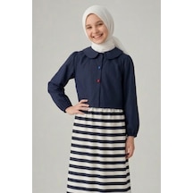 Angel&co. Girls Clothing Kız Çocuk Lacivert Marin Aksesuar Detaylı Poplin Gömlek-çizgili Etek Takım Lacivert Lacivert