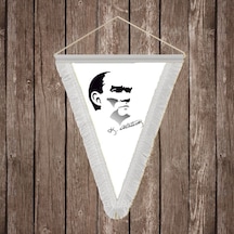 Siyah - Beyaz Mustafa Kemal Atatürk Silüeti Ve İmza Beyaz Saçaklı Üçgen Flama Bayrak Hatıra Flama Ata27 Diğer
