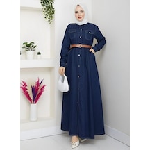 Hb Harma Time Butik Kadın Düğmeli Kemerli Denim Lacivert Kot Elbise